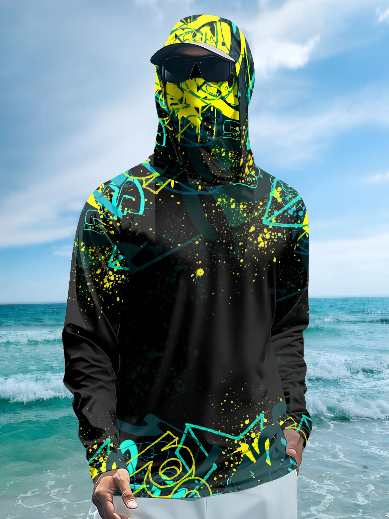 Fishing Mask Sun Protection - Herren-Angelhoodie mit UPF50+ und Gesichtsmaske, Graffiti-Print,